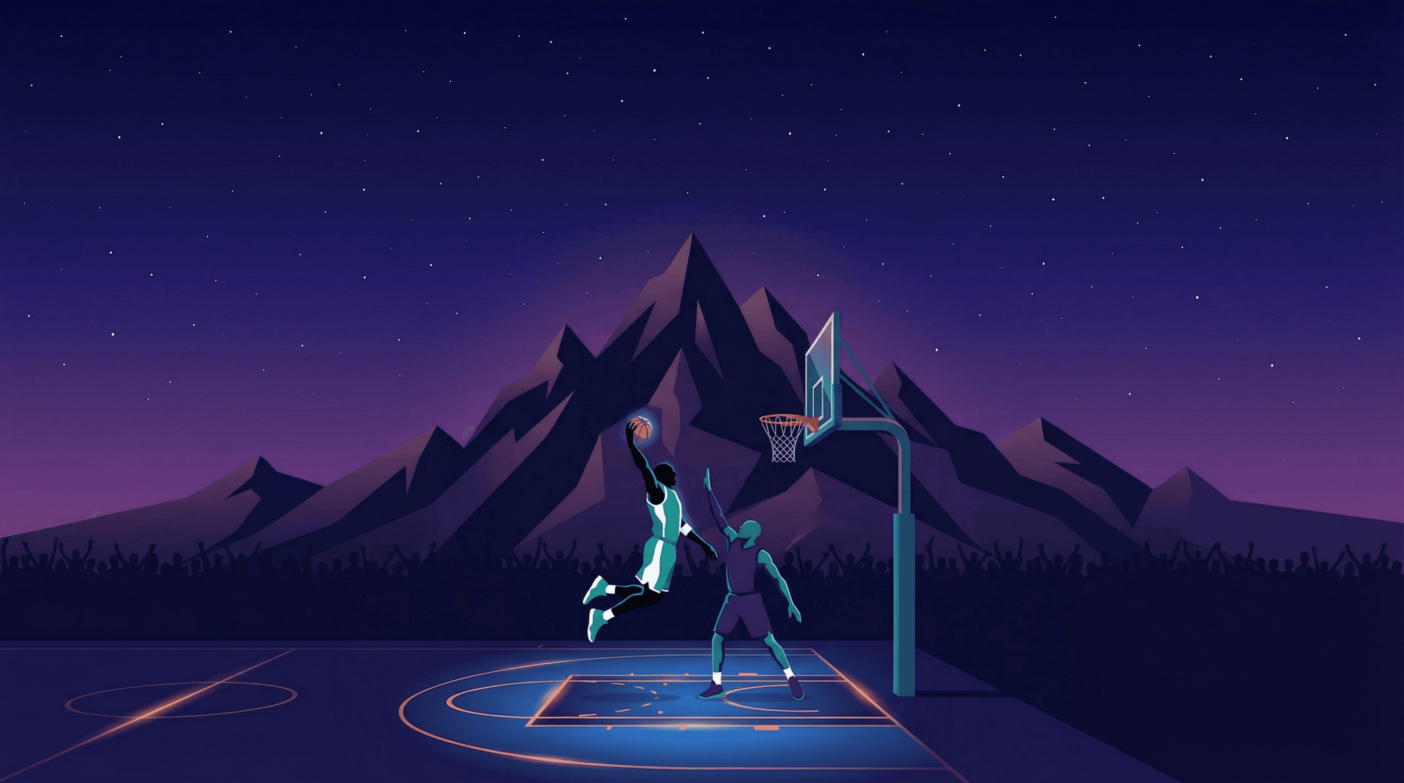 Basketball court at night with mountains